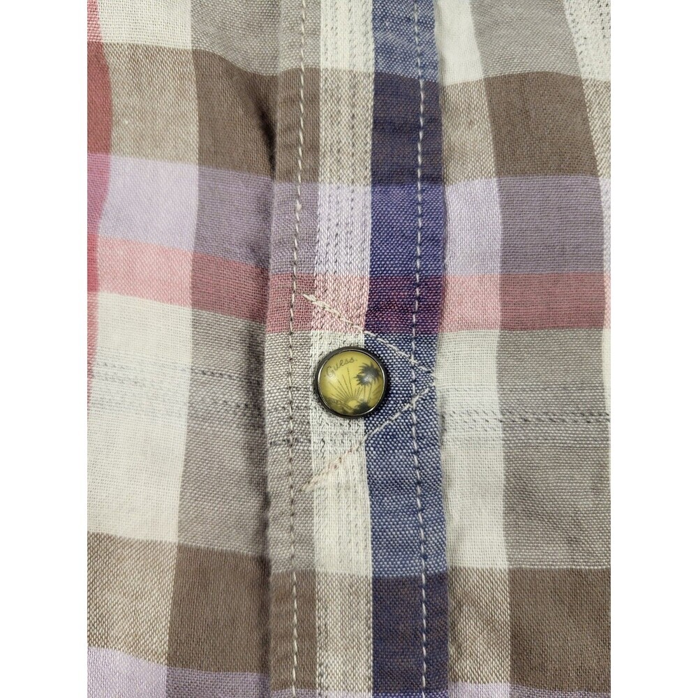 GUESS Men's Slim Fit Short Sleeve Plaid Shirt - Multicolor (Blue/Pink/Gray) - Picture 10 of 14